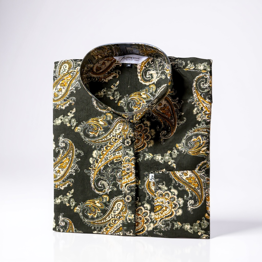 Olive Green Paisley Printed Full Sleeves Short Kurta for Men