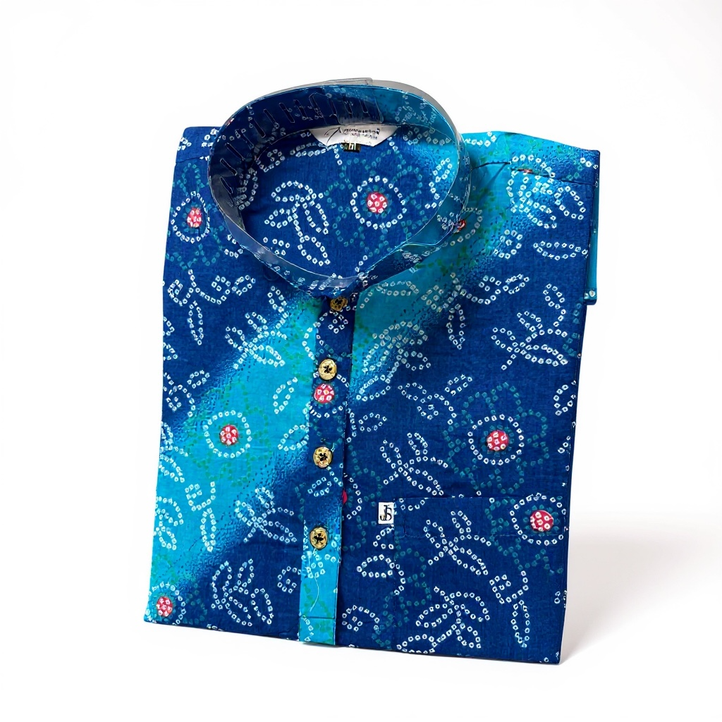Blue Multicolor Bandhej Printed Full Sleeves Short Kurta for Men