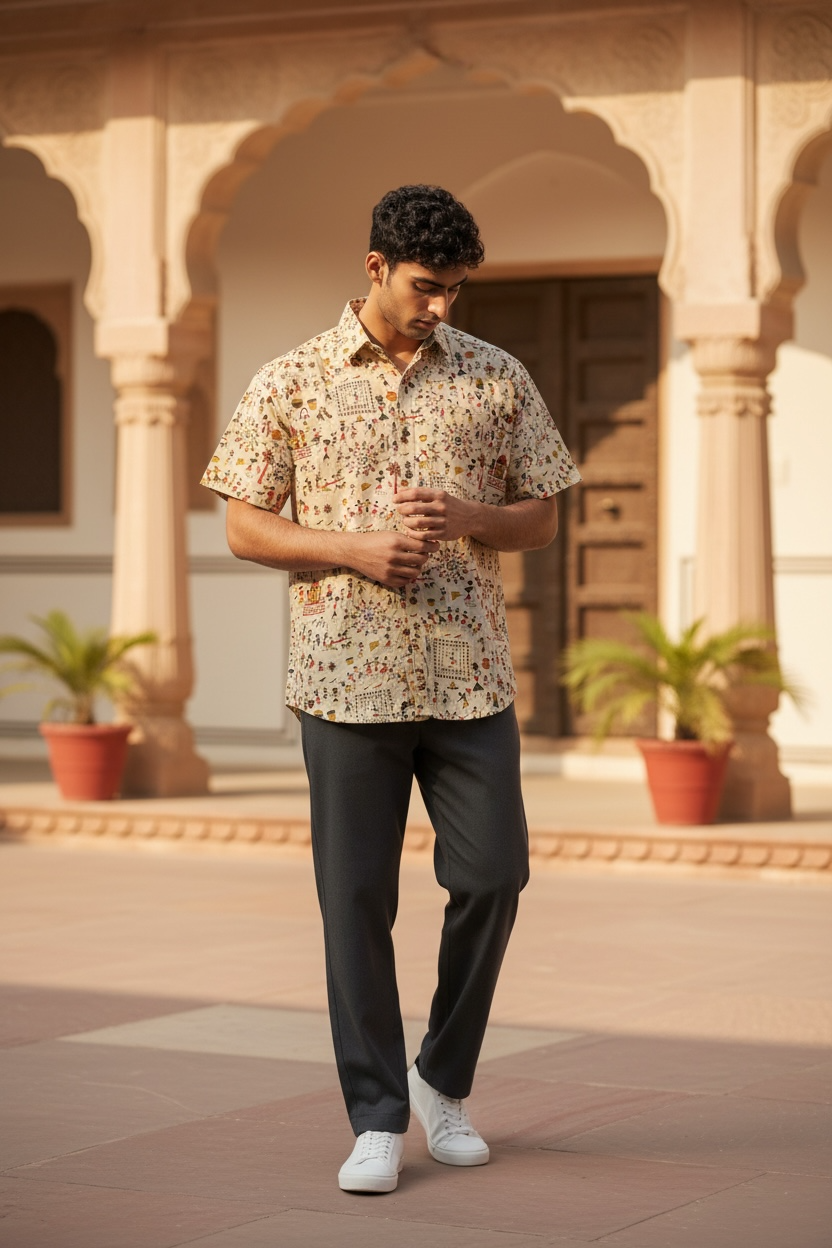 Beige Tribal Folk Art Printed Men’s Half Sleeves Cotton Shirt