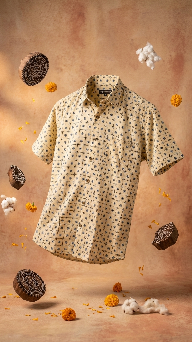 Beige Blue Floral Block Printed Men's Half Sleeves Cotton Shirt