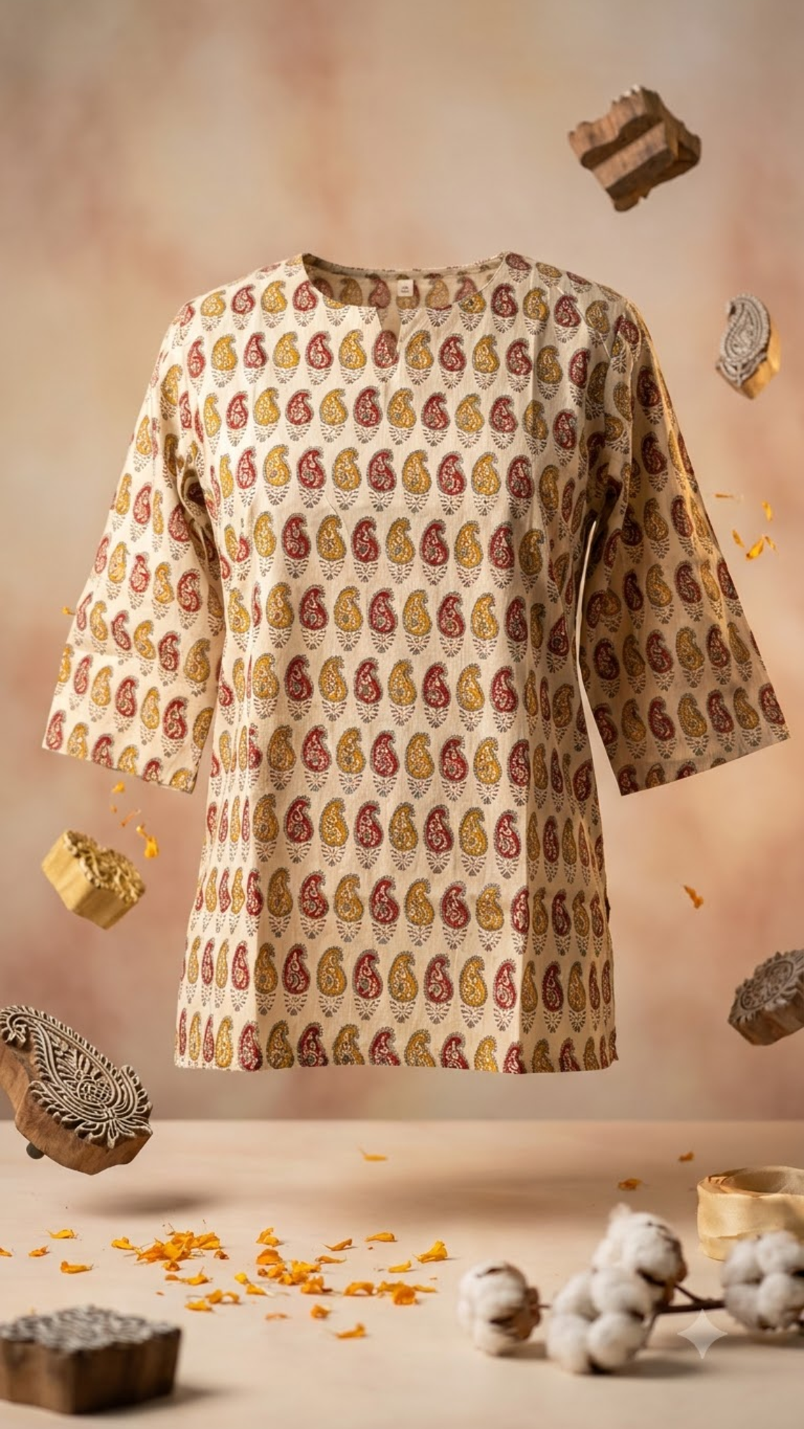 Red and Beige Booti Print 3/4 Sleeves Cotton Short Kurti Top for Women