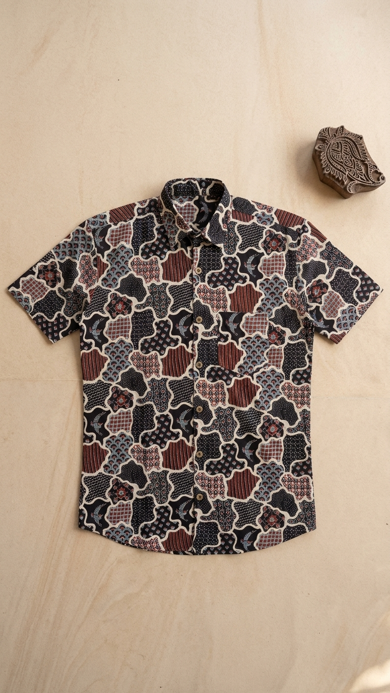 Black Abstract Ajrak Printed Mens Half Sleeves Cotton Shirt
