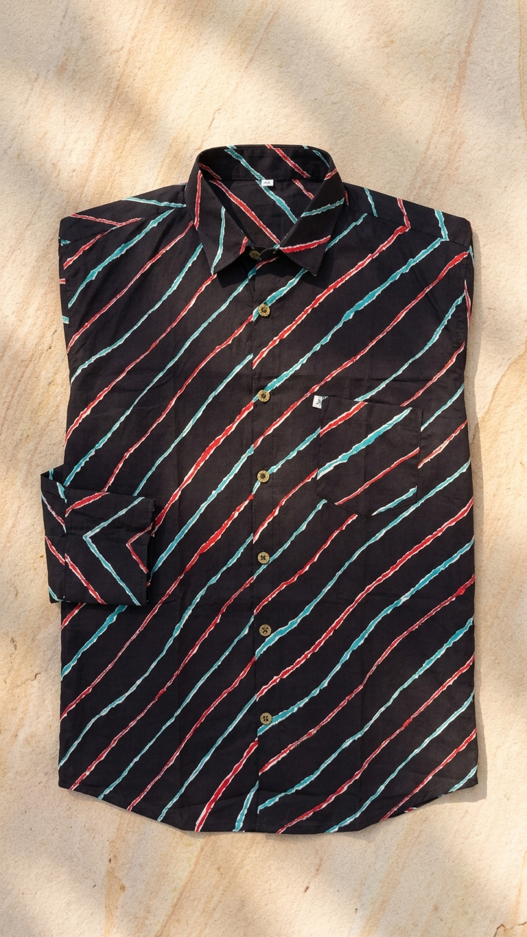 Full Sleeves Black Leheriya Printed Cotton Shirt for Men