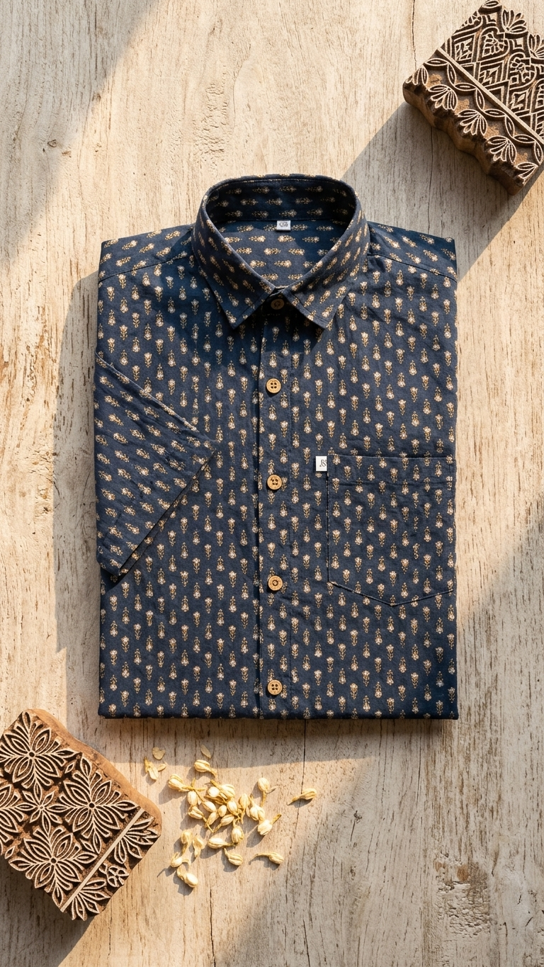Black Small Ajrak Buti Printed Plus Size Half Sleeves Cotton Shirt for Men