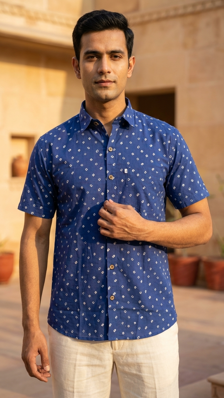 Blue Bandhej Dot Printed Half Sleeves Cotton Shirt for Men