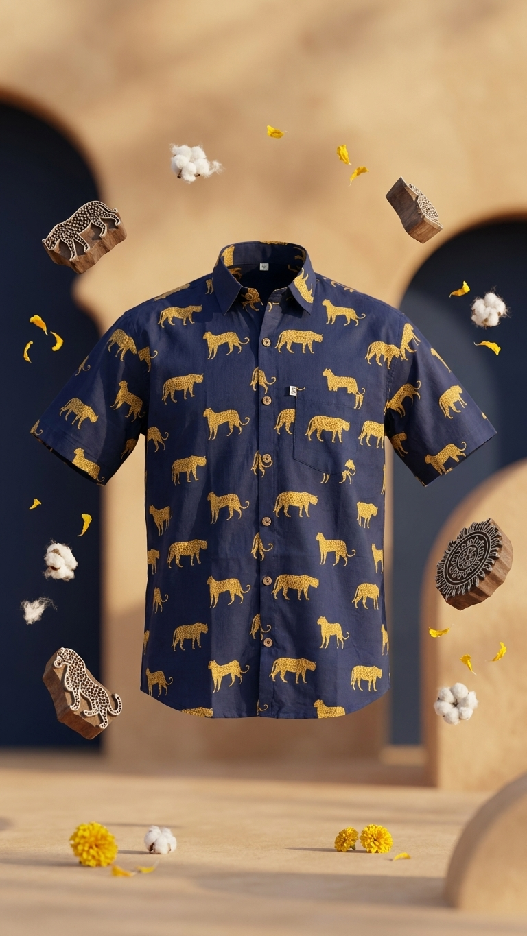 Navy Blue Cheetah Print Mens Half Sleeves Cotton Shirt