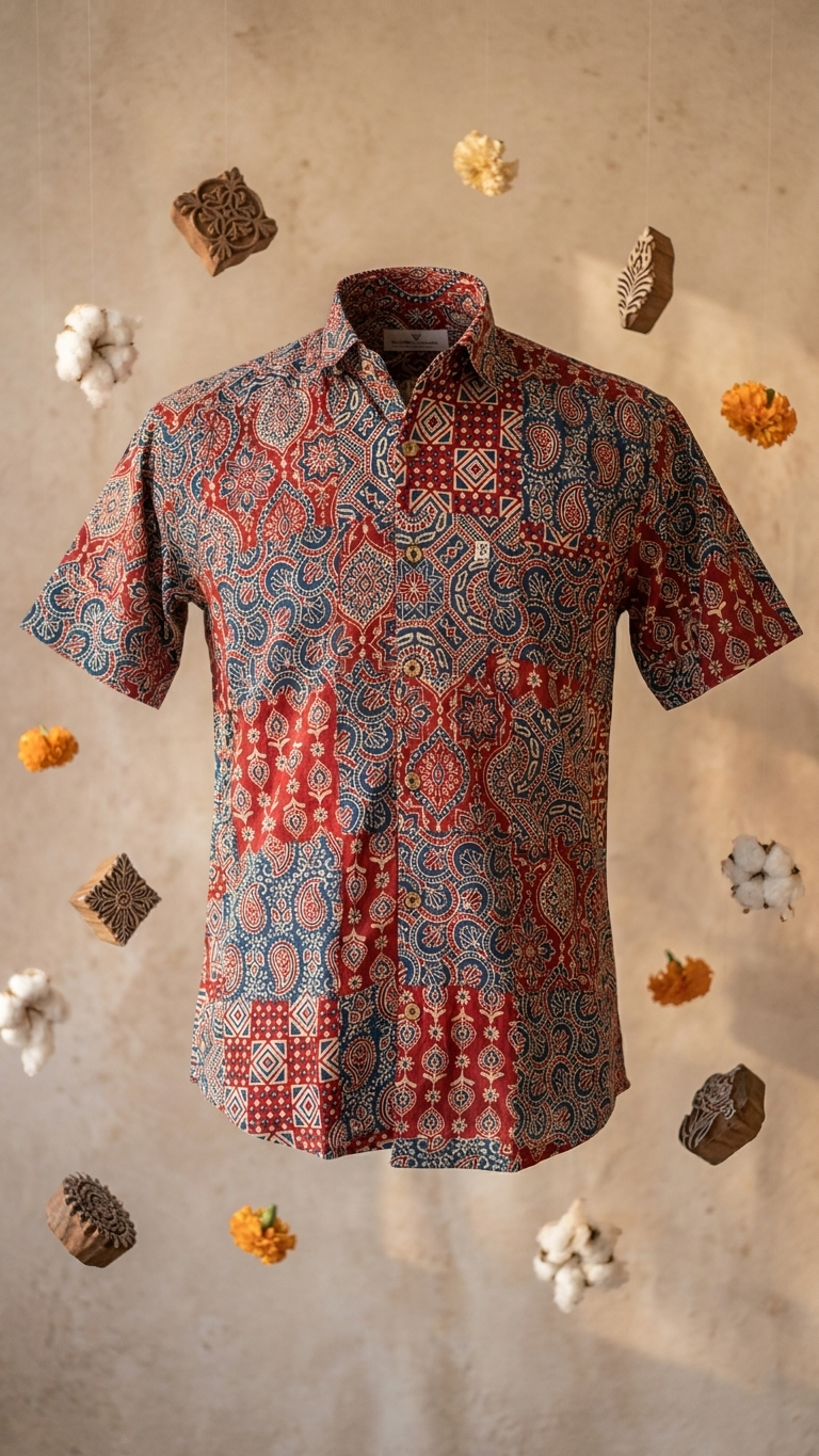 Blue Red Patchwork Printed Men's Half Sleeves Cotton Shirt