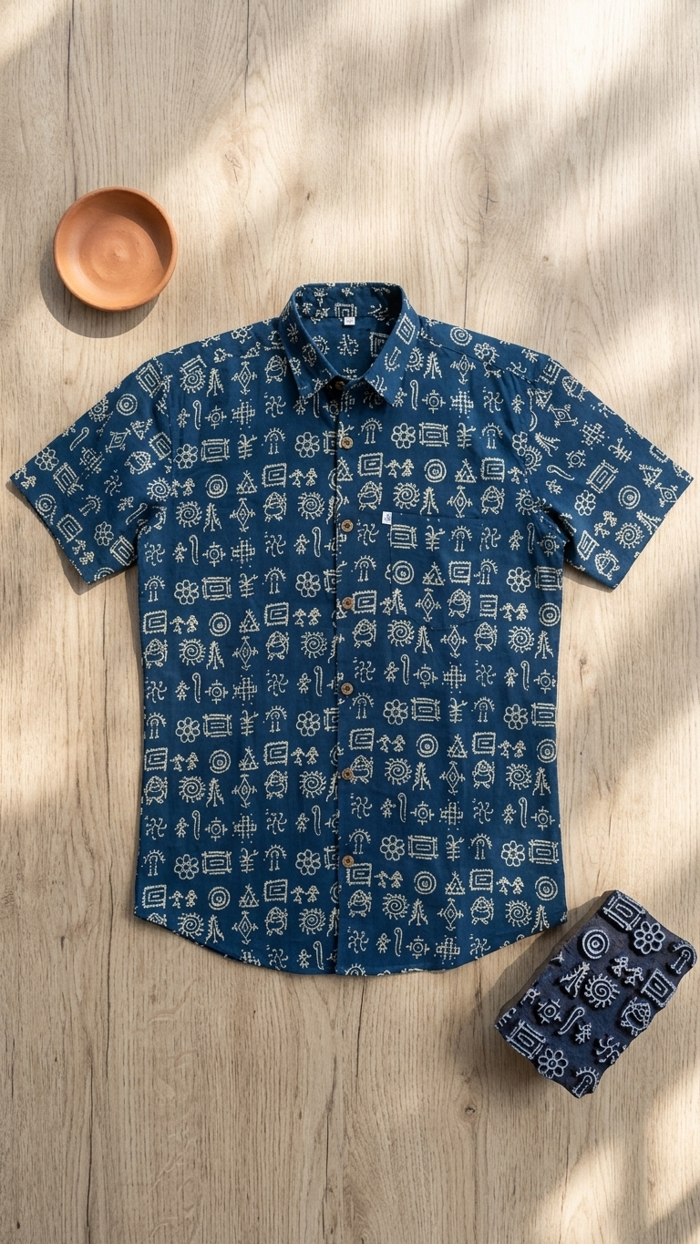 Blue Folk Symbol Printed Men's Half Sleeves Cotton Shirt