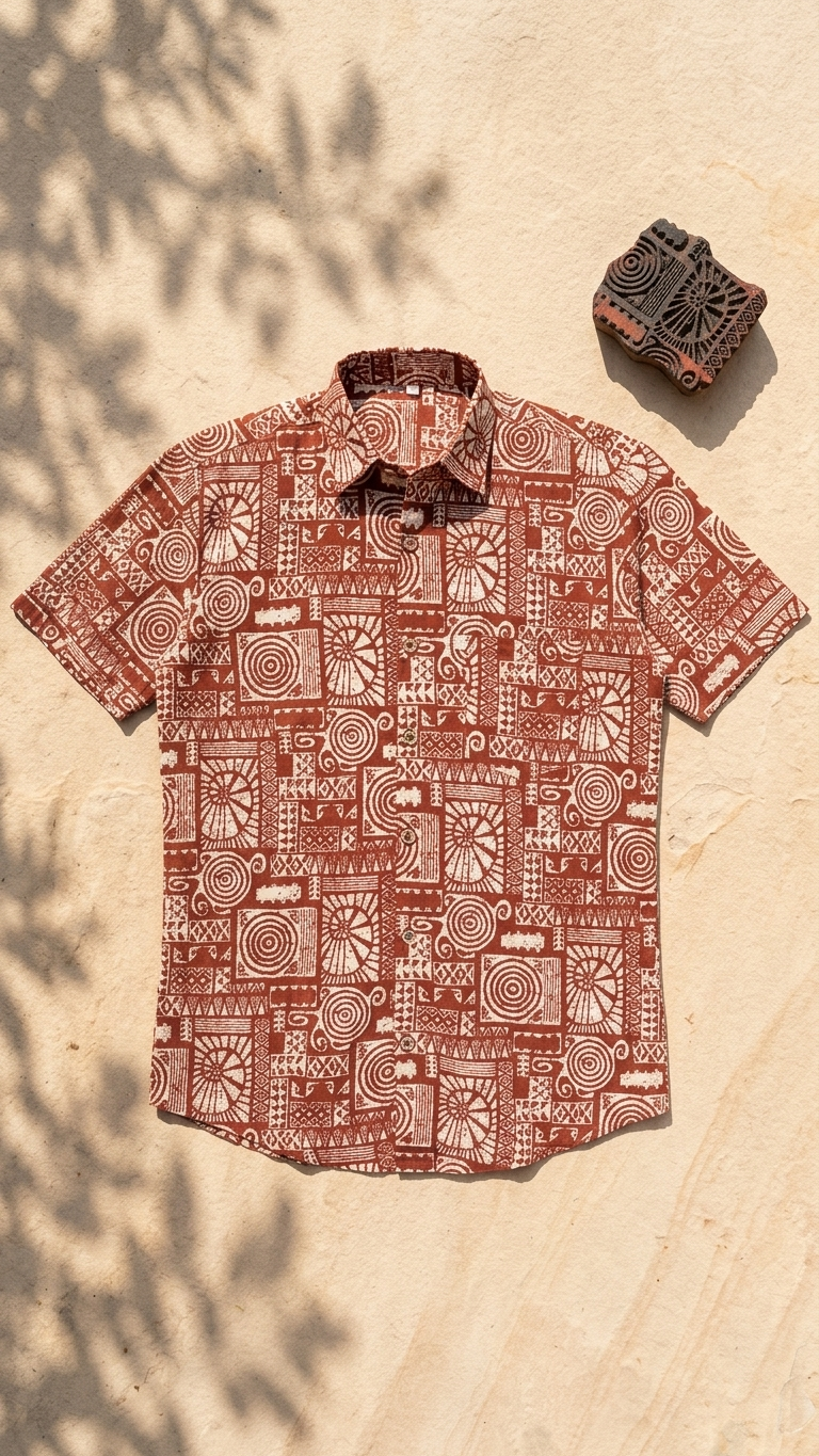 Brick Red Maze Printed Men's Half Sleeves Cotton Shirt