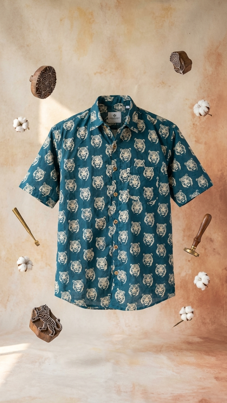 Cyan Tiger Printed Men's Half Sleeves Cotton Shirt