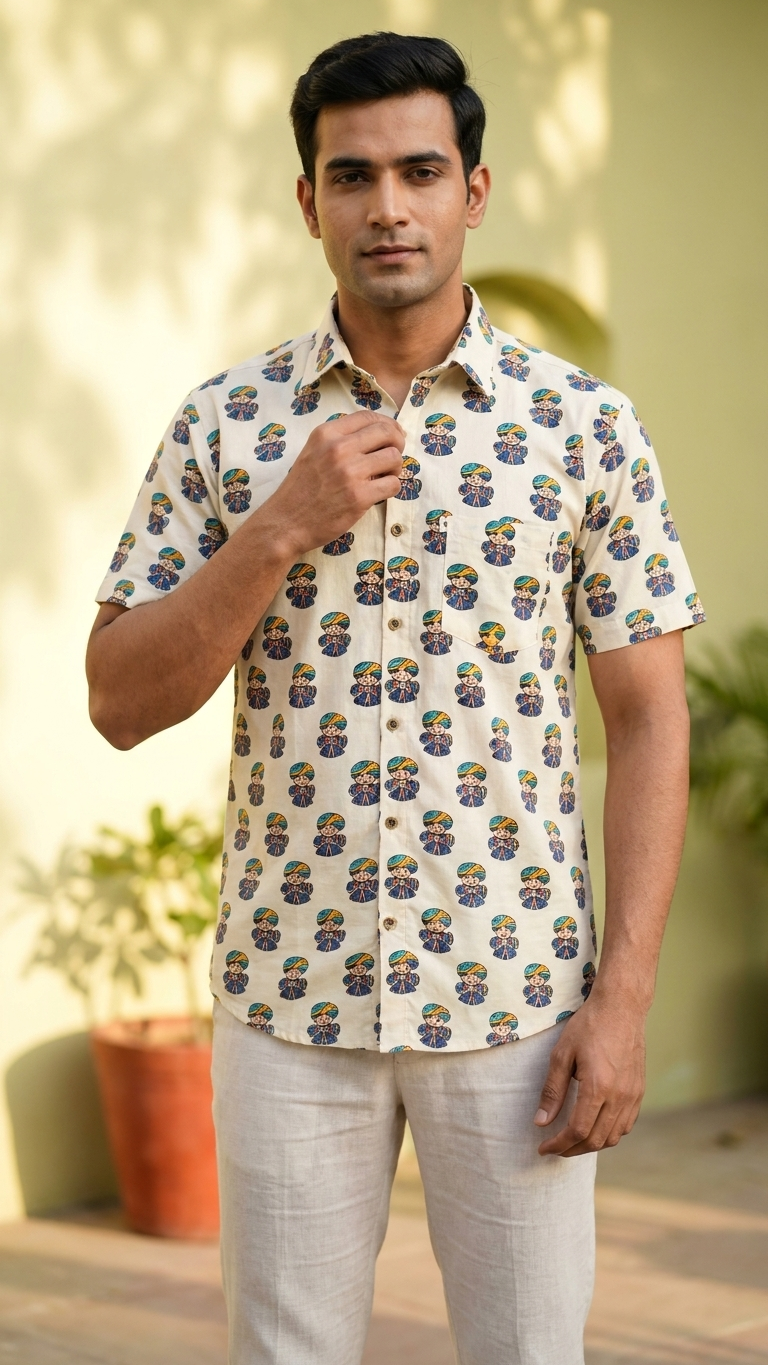 Ivory Funky Pagdi Printed Men's Half Sleeves Cotton Shirt