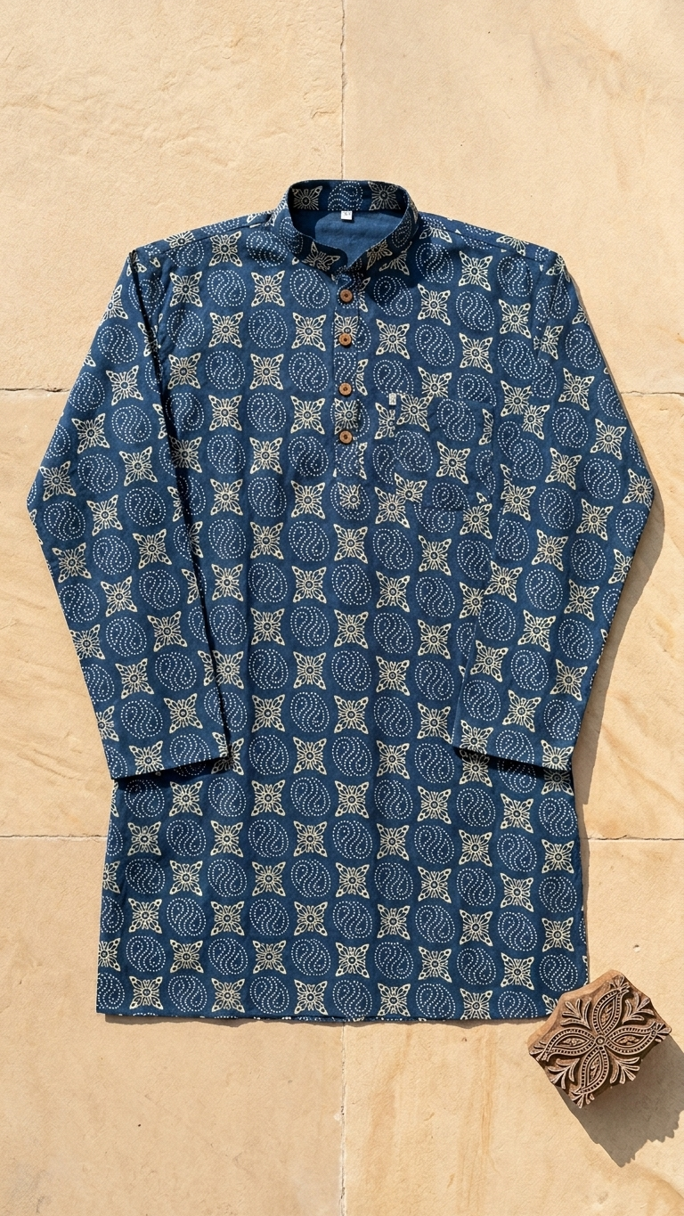 Indigo Ajrak Spiral Motif Printed Full Sleeves Short Kurta for Men
