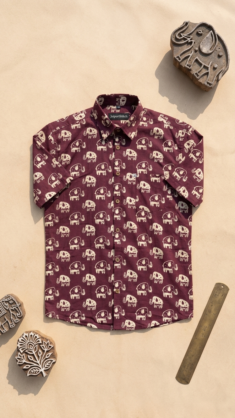 Maroon Beige Elephant Printed Mens Half Sleeves Cotton Shirt