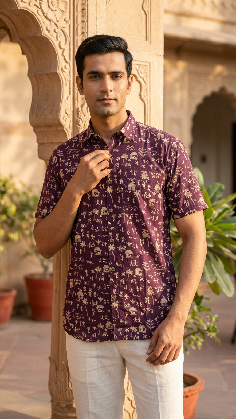 Half Sleeves Maroon Wine Warli Printed Cotton Shirt for Men