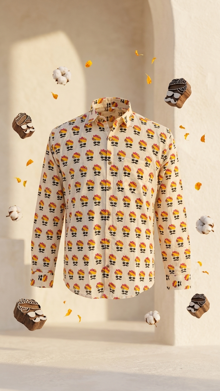 Full Sleeves Multicolour Turban/Pagdi Printed Men's Cotton Shirt