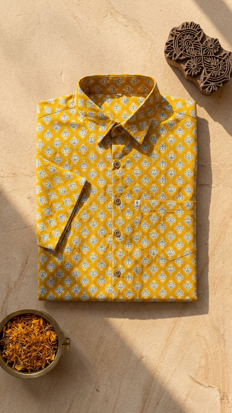 Mustard Floral Buti Printed Plus Size Half Sleeves Cotton Shirt for Men