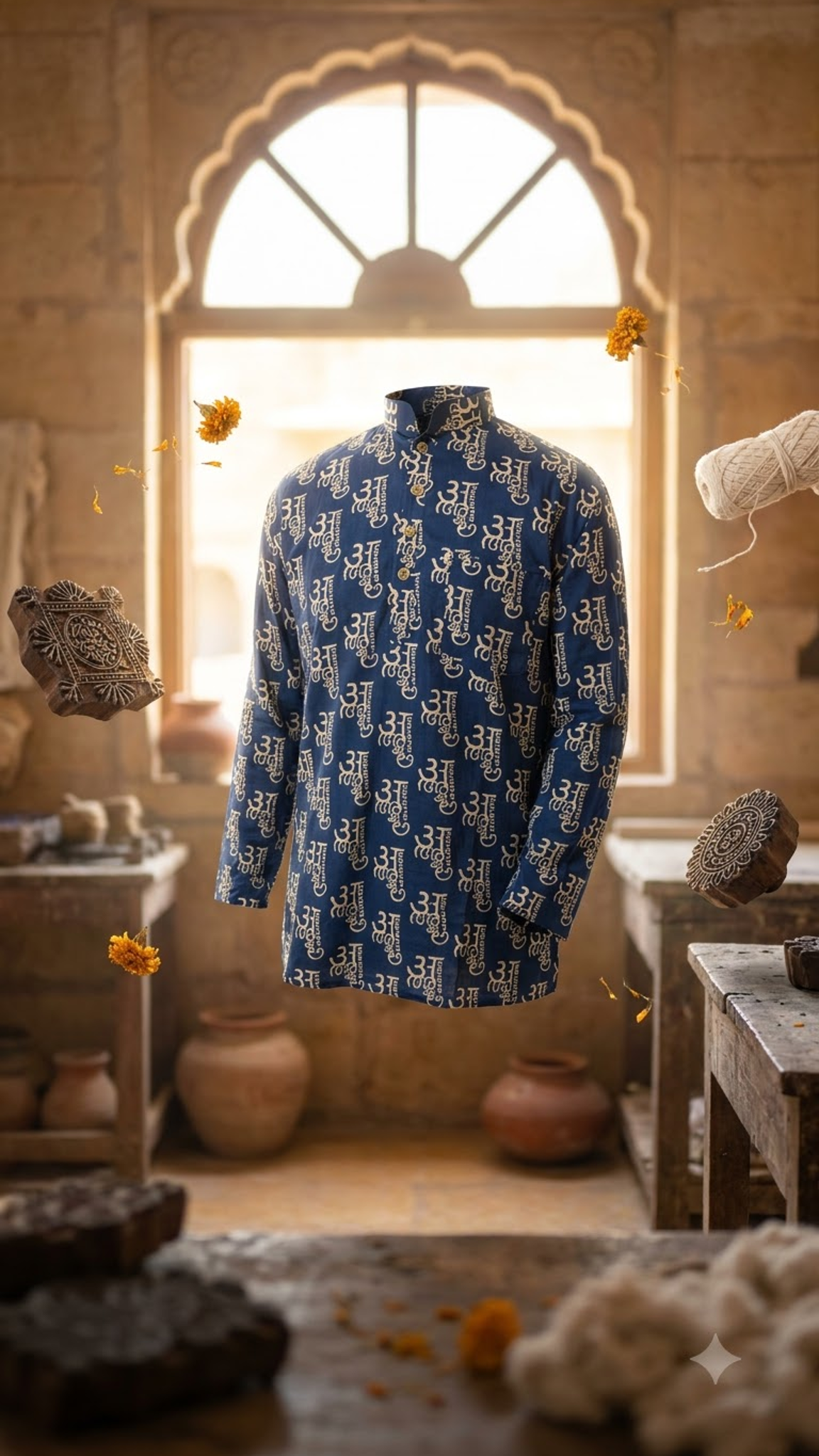 Navy Blue Devanagari Print Men’s Full Sleeve Short Kurta