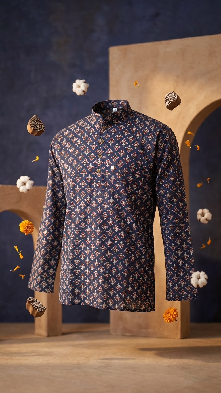 New Navy Red Booti Printed Full Sleeves Short Kurta for Men