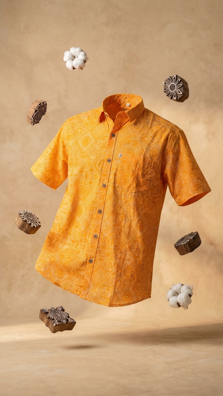 Yellow Figure Bandhej Printed Half Sleeves Cotton Shirt for Men
