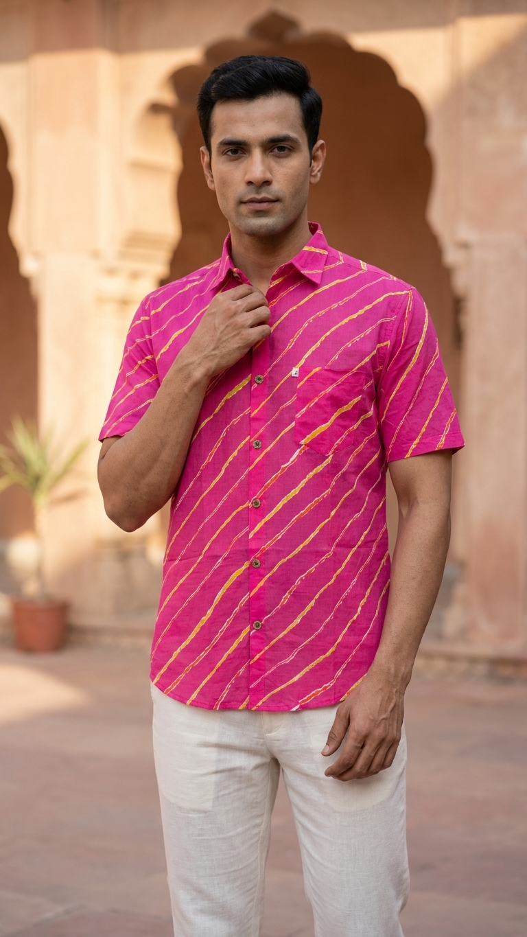 Pink Leheriya Printed Mens Half Sleeves Cotton Shirt