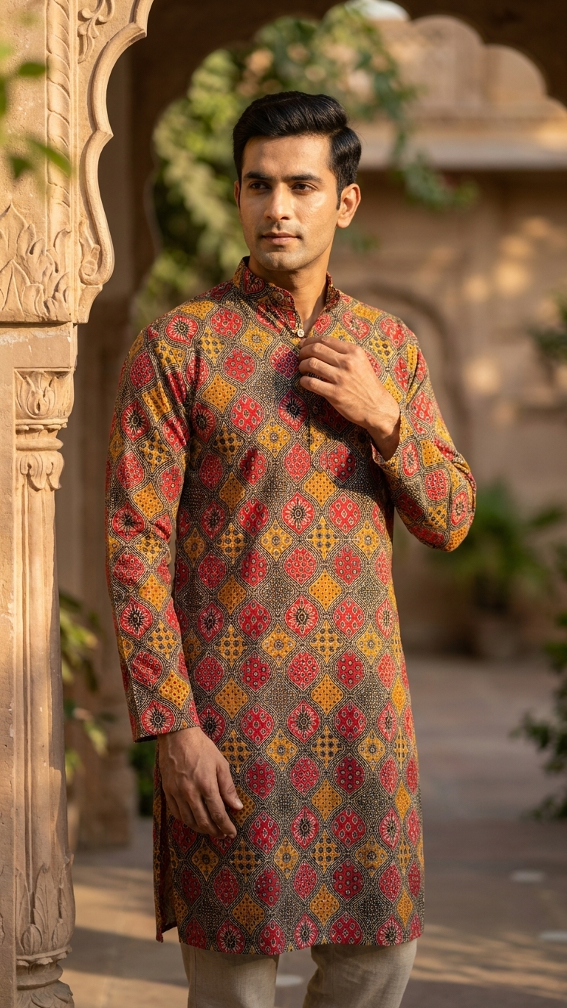 Black Red Yellow Geometric Printed Men's Full Sleeves Cotton Long Kurta
