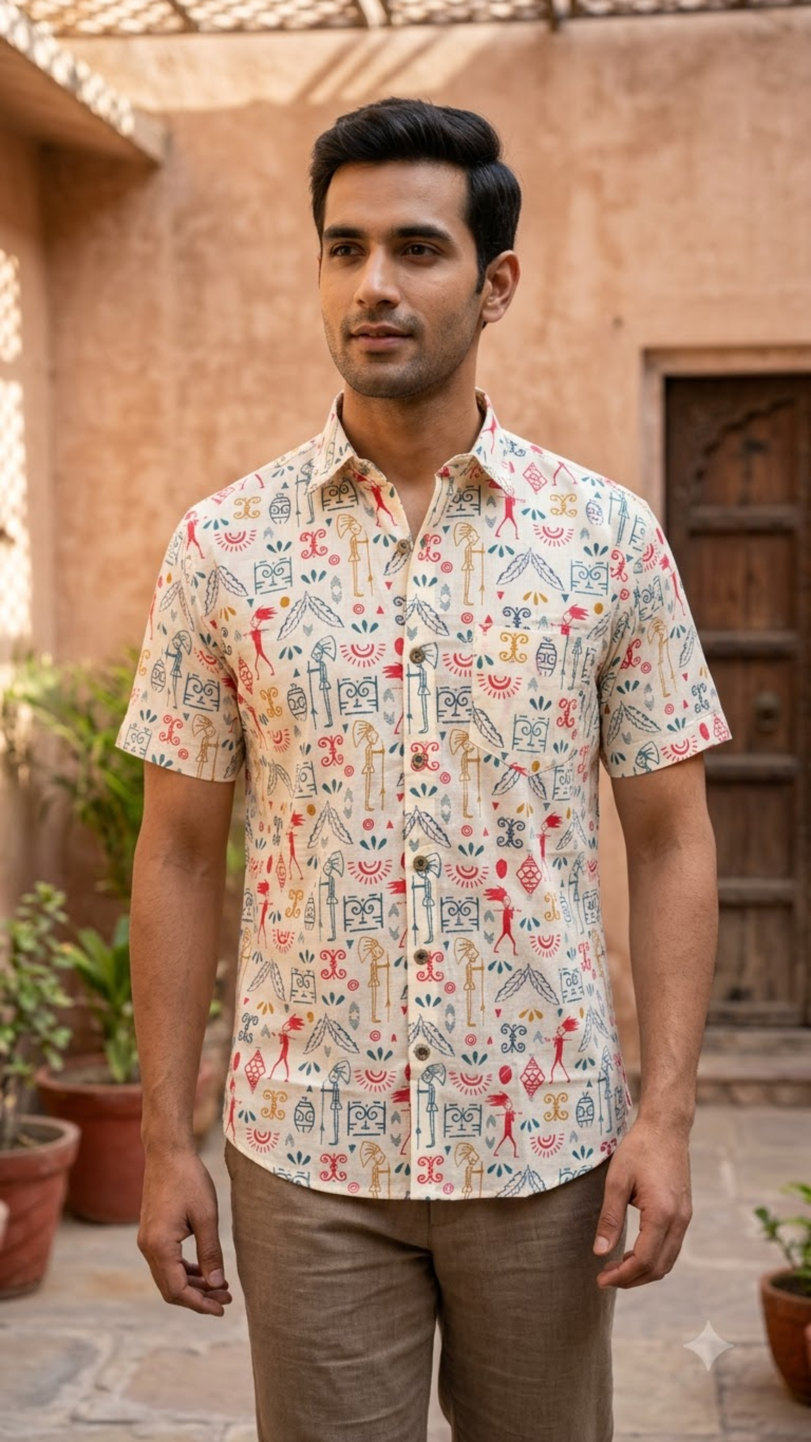 White Multicolour Tribal Motif Printed Men’s Half Sleeve Cotton Shirt