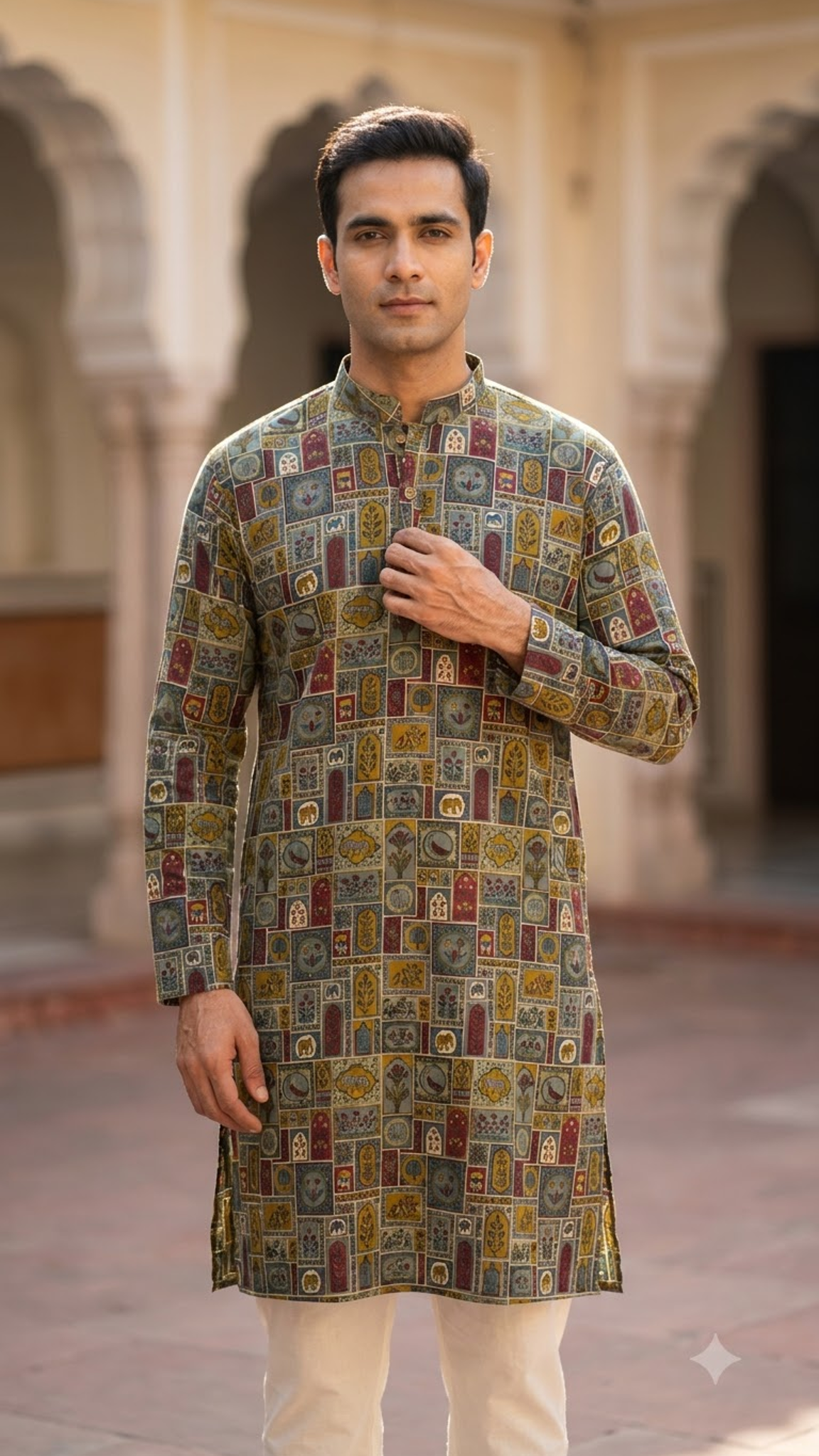 Multicolour Heritage Patch Printed Full Sleeves Long Kurta for Men