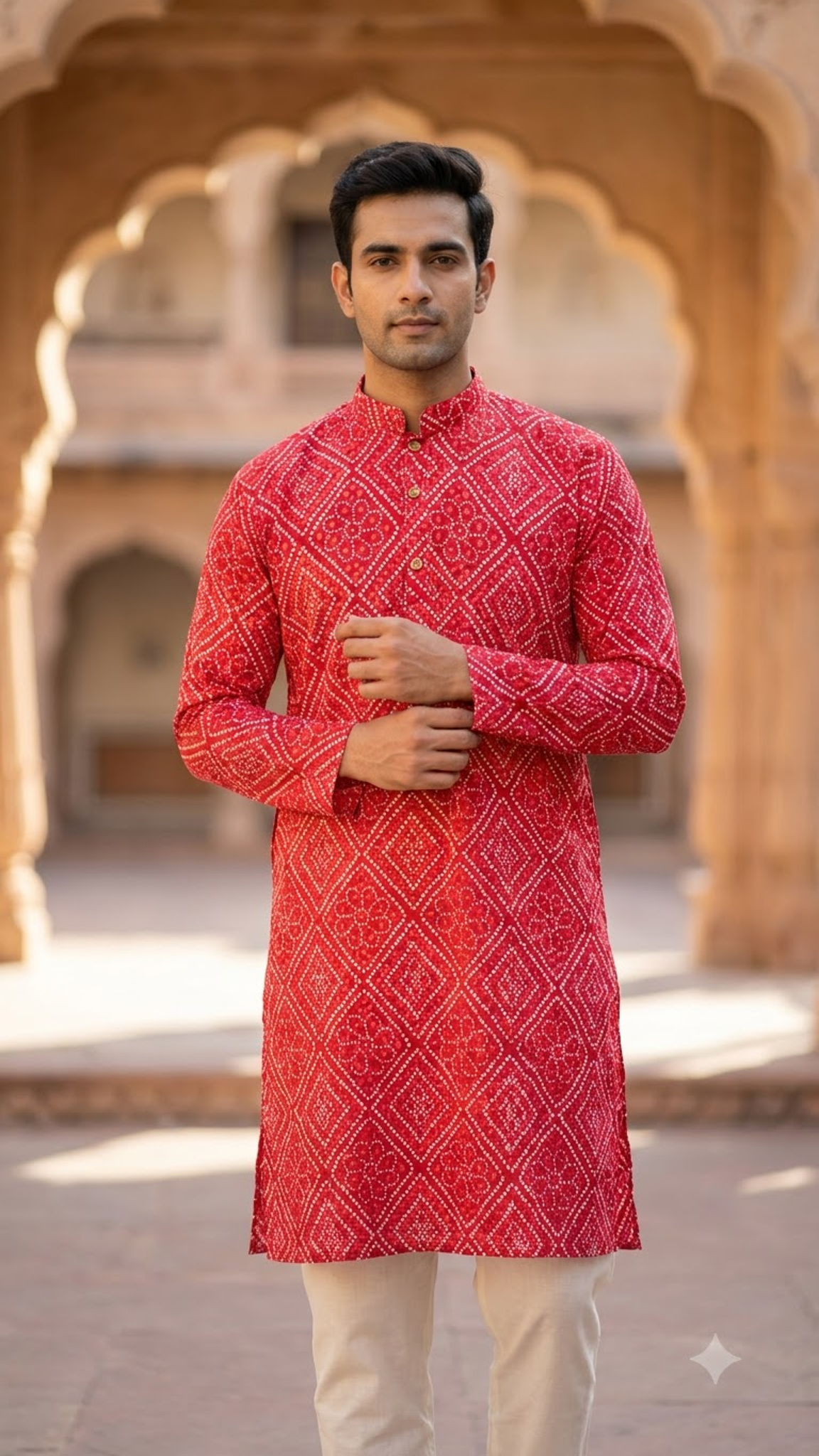 Full Sleeves Long Kurta for Men Red Bandhej Printed