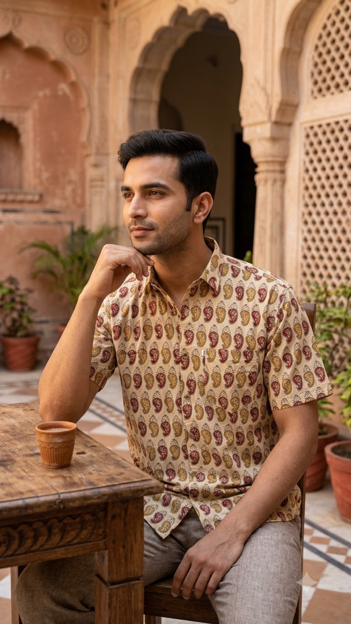 Half Sleeve Red And Beige Booti Printed Men's Shirt