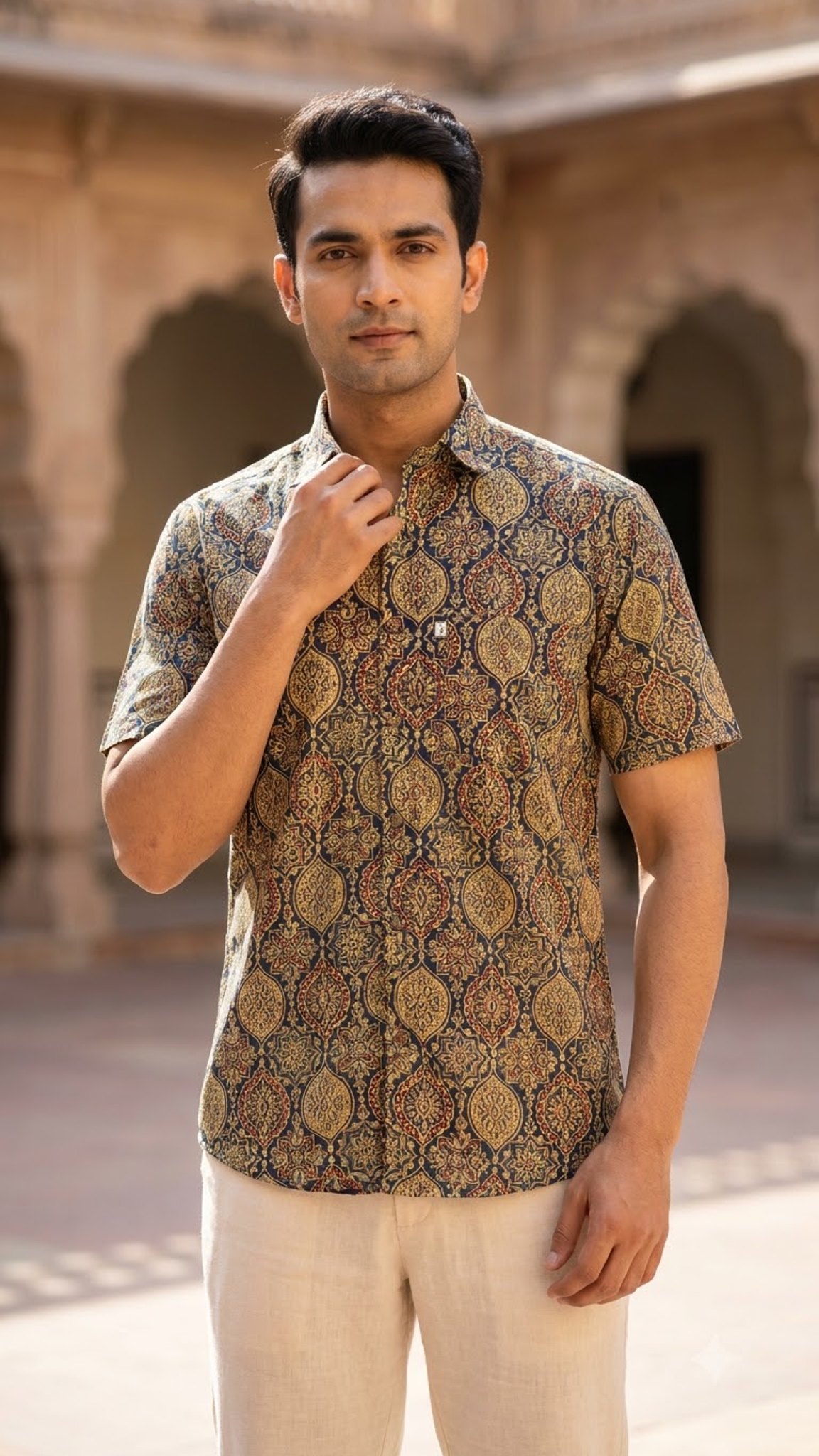 Navy Blue Medallion Printed Men's Half Sleeve Shirt