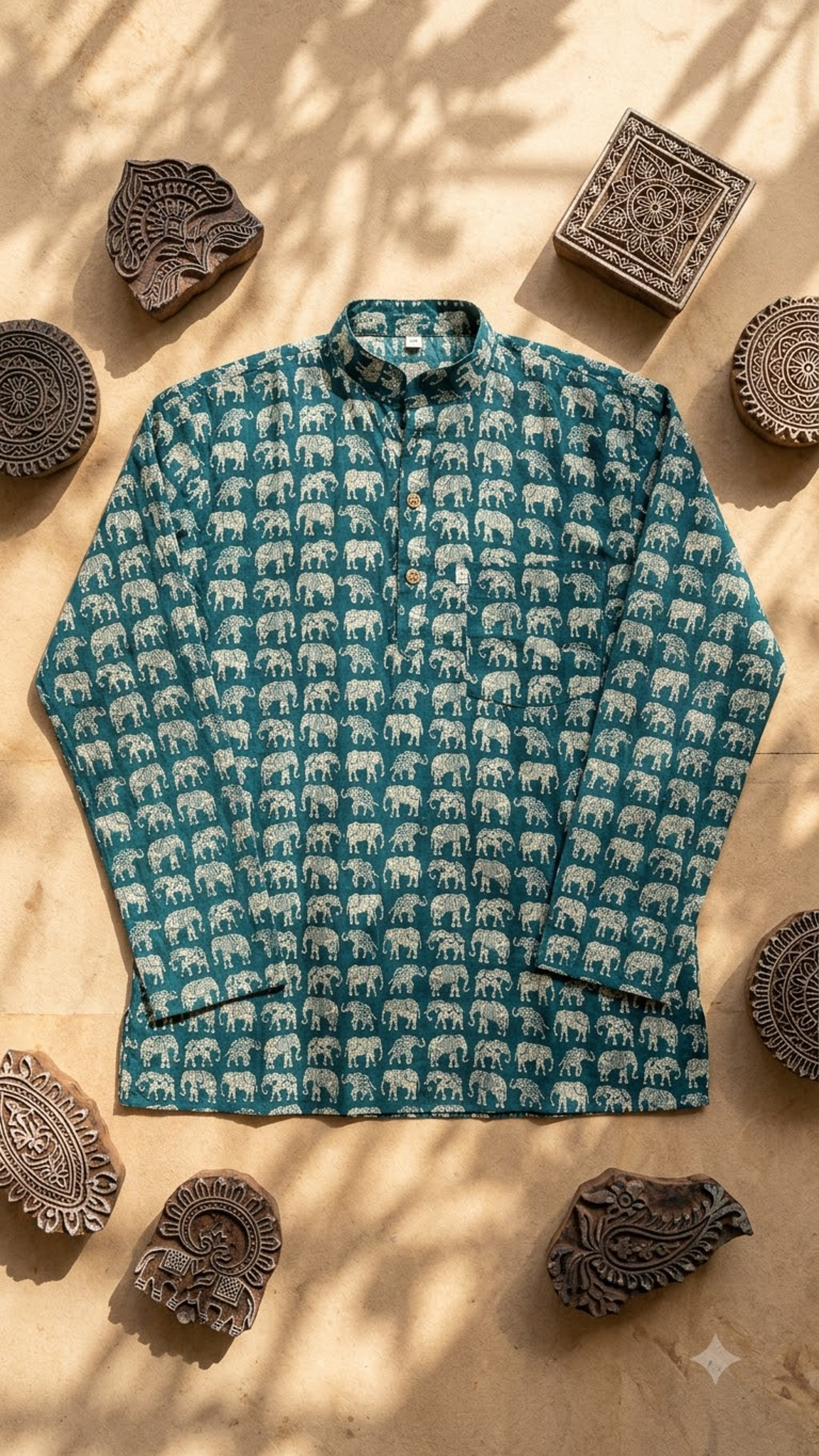Teal & White Elephant Print Men’s Full Sleeves Short Kurta