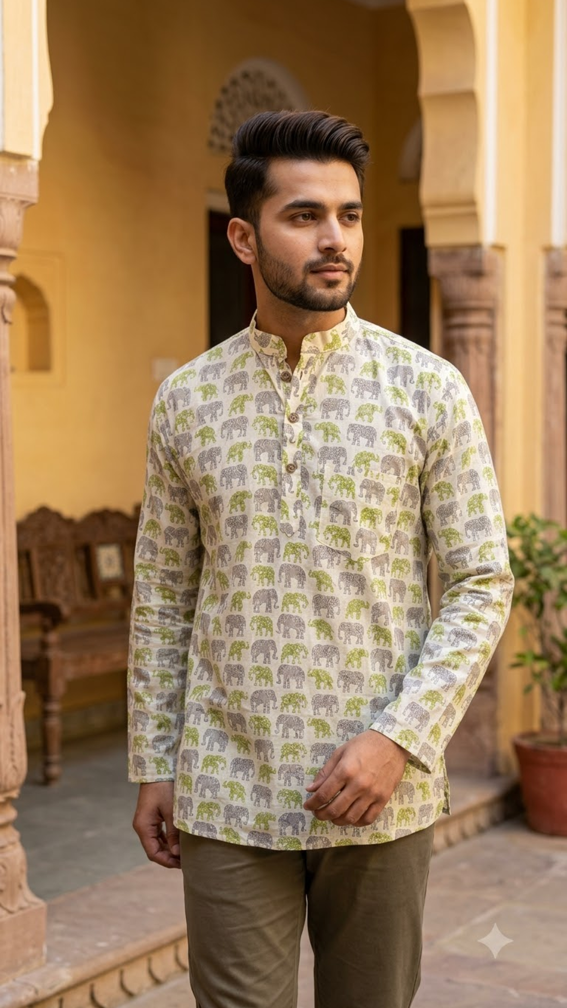 Off-White & Green Elephant Printed Men’s Full Sleeve Short Kurta