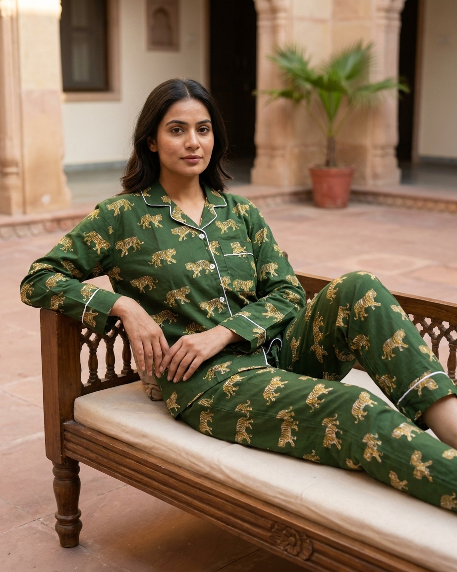 Green Tiger Print Cotton Night Suit for Women
