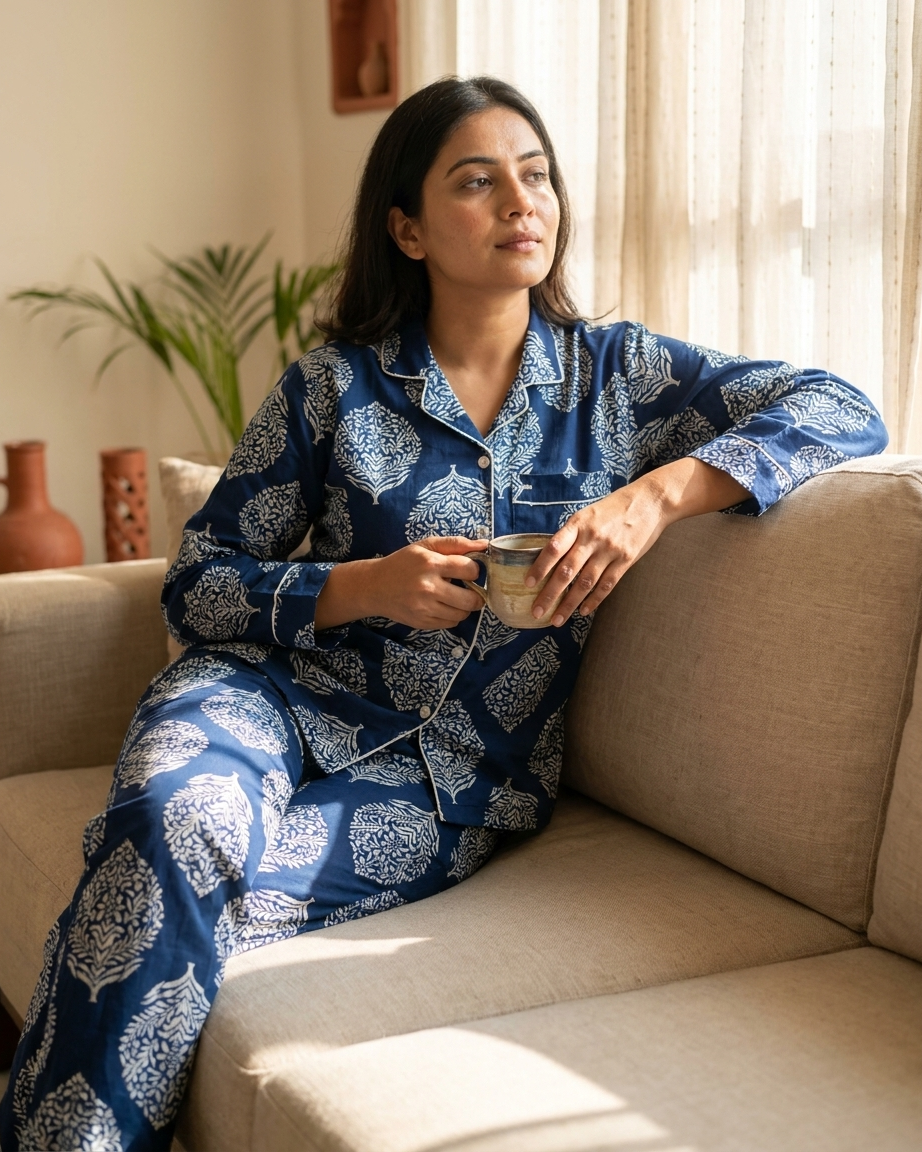 Navy Floral Cotton Night Suit for Women