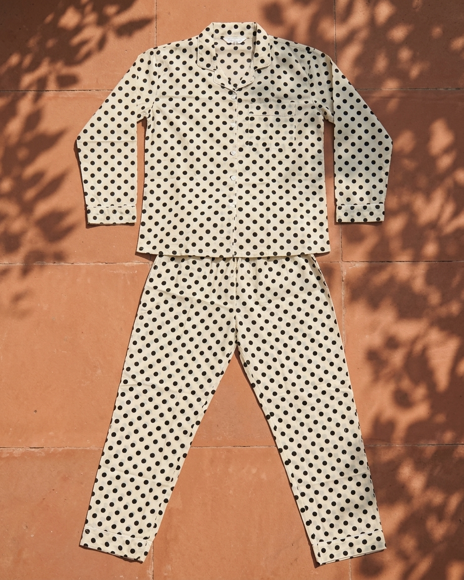 White Black Polka Dot Cotton Night Suit for Women
