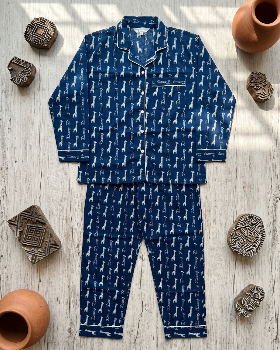 Navy Giraffe Print Women's Cotton Night Suit
