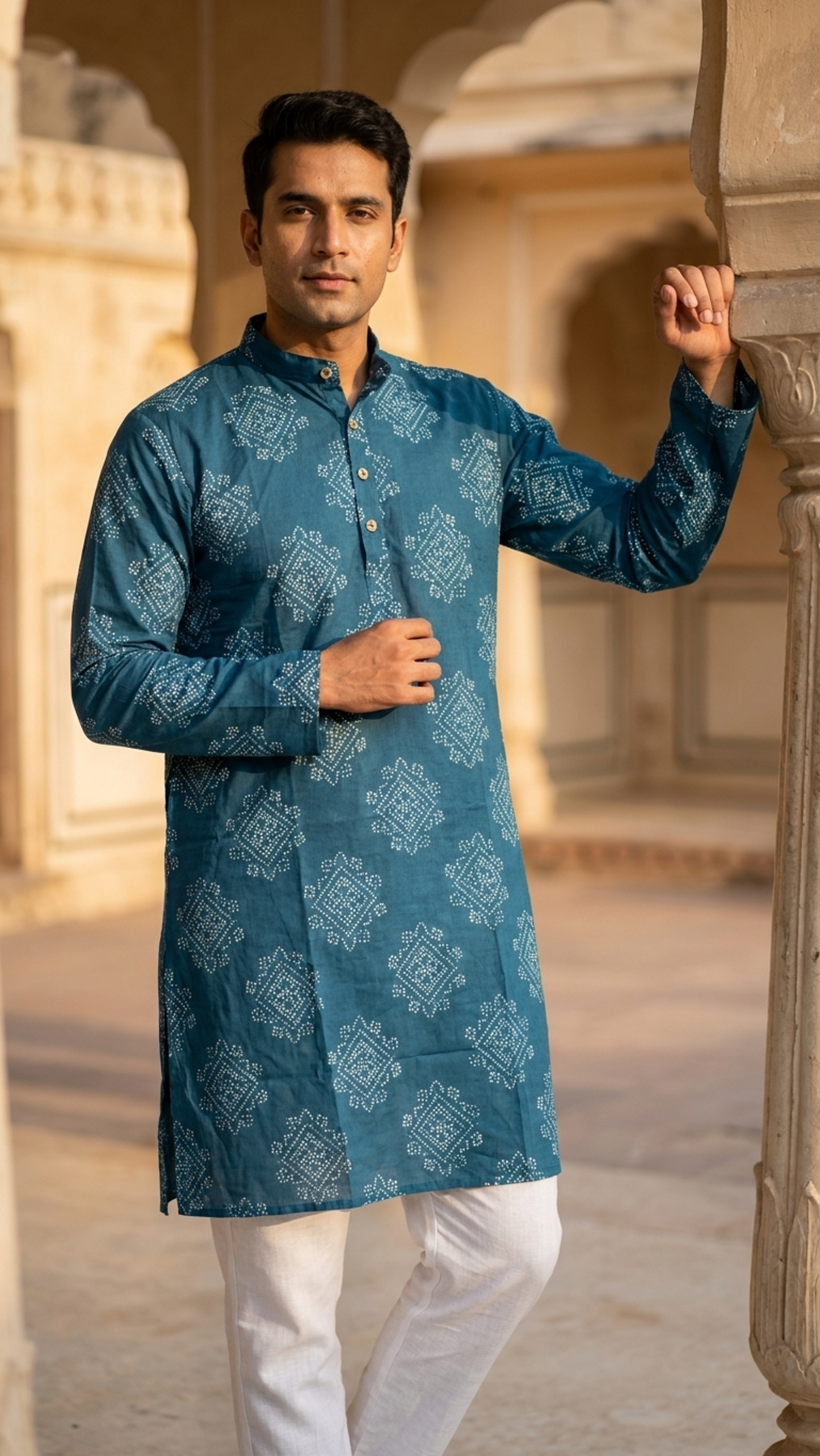 Teal Blue Bandhani Printed Men's Full Sleeves Cotton Long Kurta