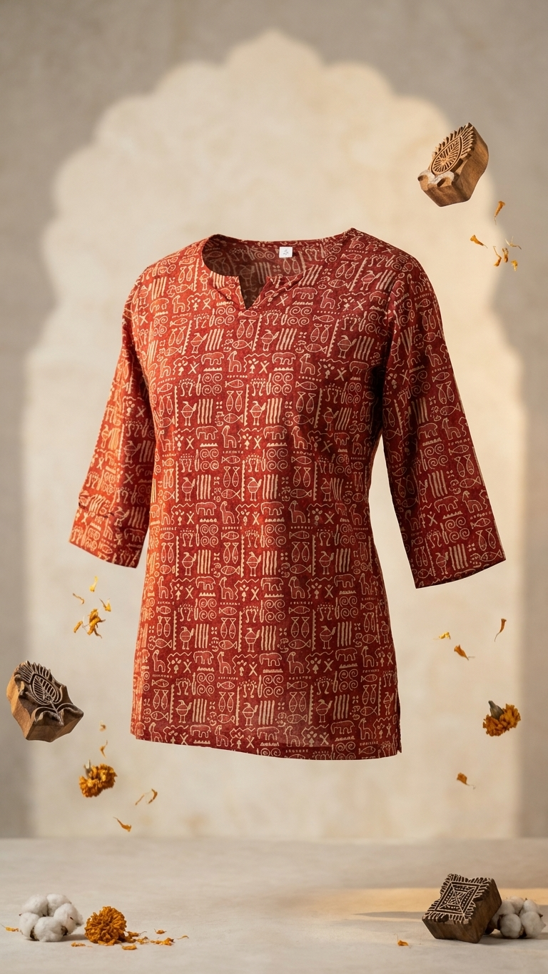 Red Tribal Folk Art Print Cotton Short Kurti for Women