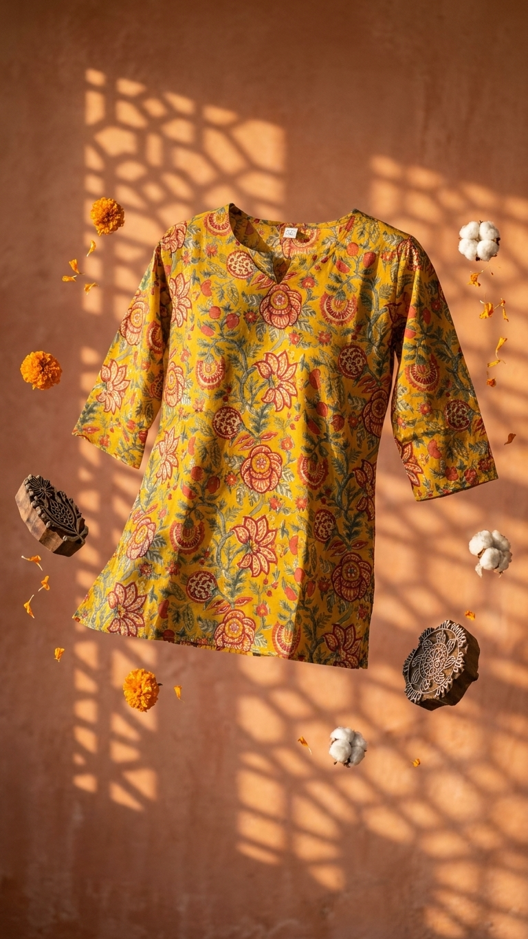 Mustard Yellow Kalamkari Floral Print Cotton Short Kurti for Women