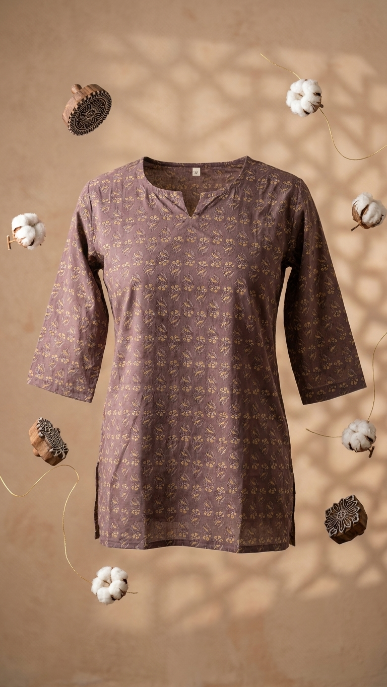 Taupe Brown Floral Buti Print Cotton Short Kurti for Women