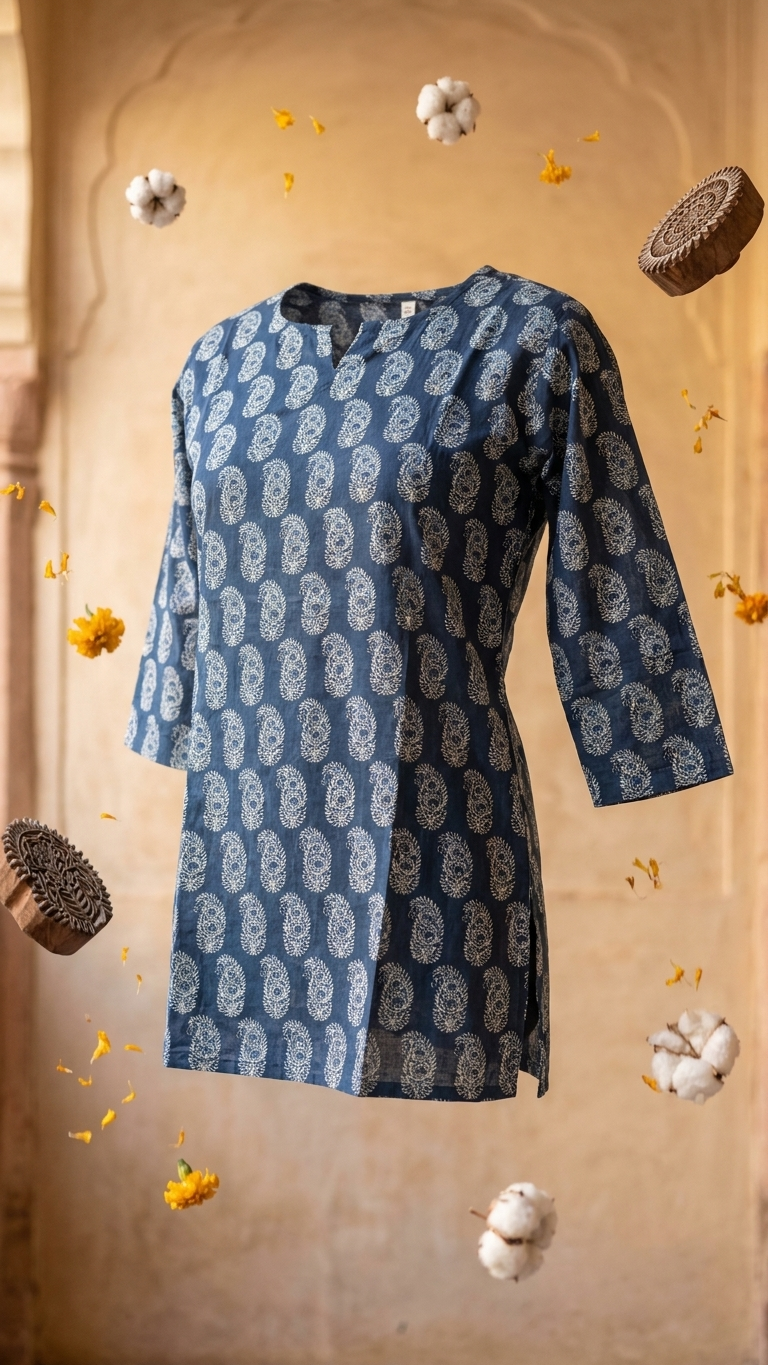 Indigo Paisley Block Print Cotton Short Kurti for Women