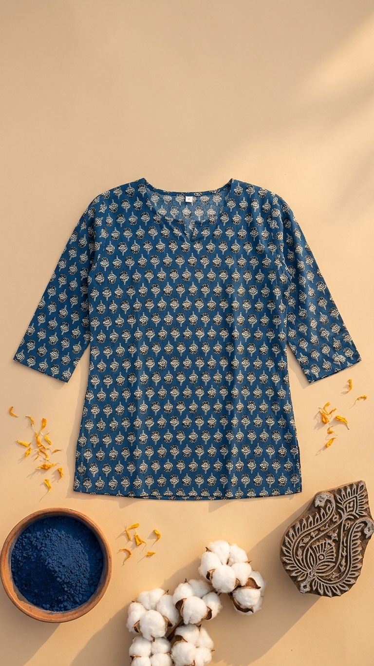 Indigo Blue Ethnic Buti Print Cotton Short Kurti for Women