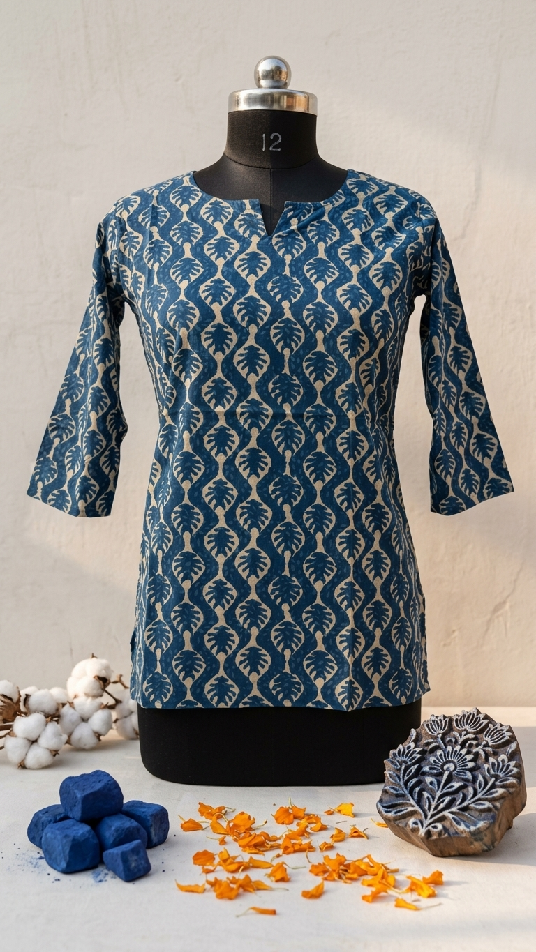 Blue Indigo Leaf Block Print Cotton Short Kurti for Women