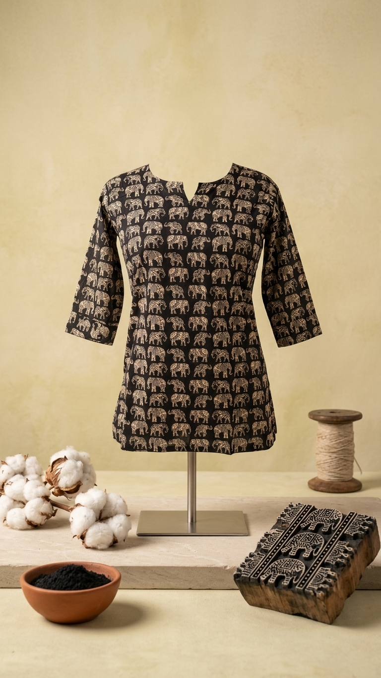 Black & Gold Elephant Block Print Cotton Short Kurti for Women