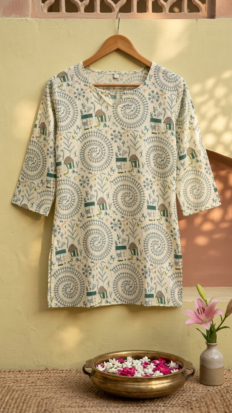 Off-White Warli Tribal Print Cotton Short Kurti for Women