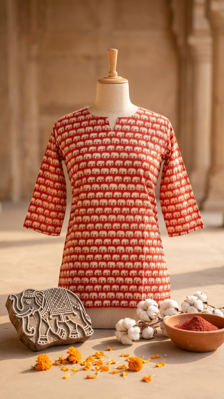 Red Elephant Block Print Cotton Short Kurti for Women