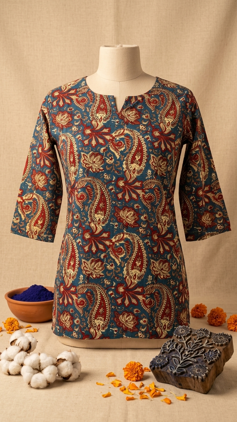 Teal Blue Kalamkari Paisley Print Cotton Short Kurti for Women