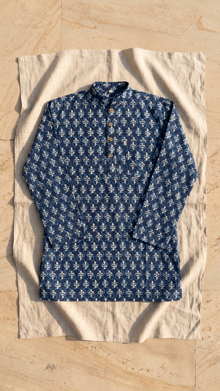 Indigo Floral Buta Printed Short Kurta for Men