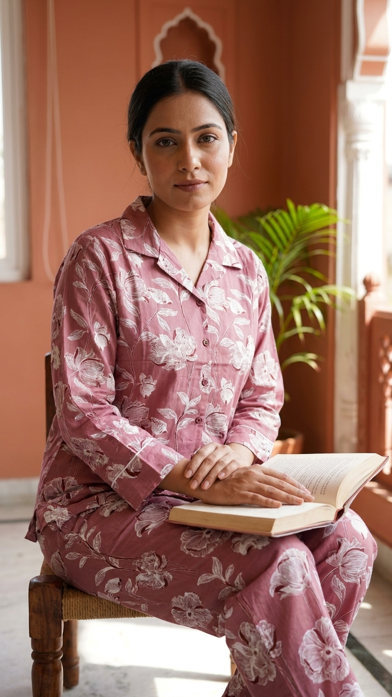 Dusty Pink Floral Cotton Co-Ord Set for Women