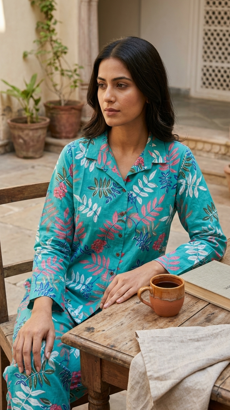 Teal Floral Cotton Co-Ord Set for Women